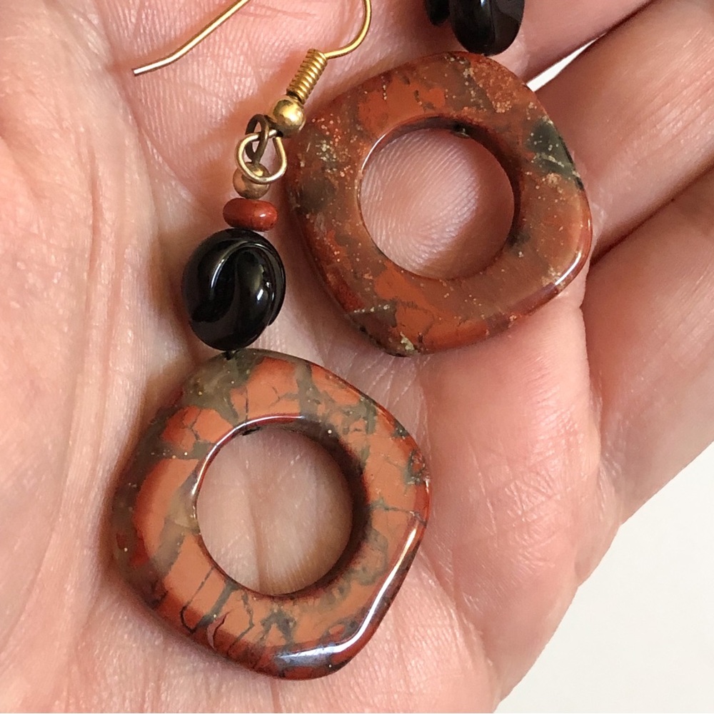 Vintage polished stone jasper? dangle earrings w/ black stone accents